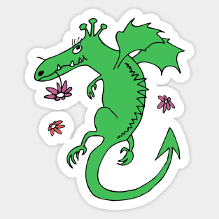 cute happy dragon - green with flowers Sticker